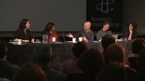 Novellist Kamila Shamsie (left) chaired a panel discussion with Tanika Gupta, Antony Lerman, Ofer Neiman and April De Angelis